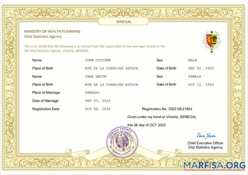 Printable Senegal marriage certificate Word and PDF template